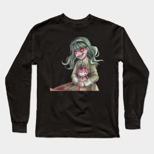 Girl with haunted doll horror drawing art manga style Long Sleeve T-Shirt